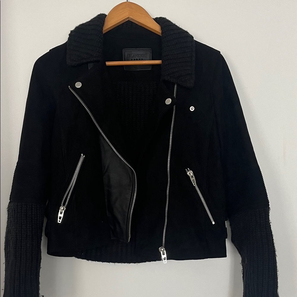 Blank NYC Black Leather Jacket with Ribbed Sleeves